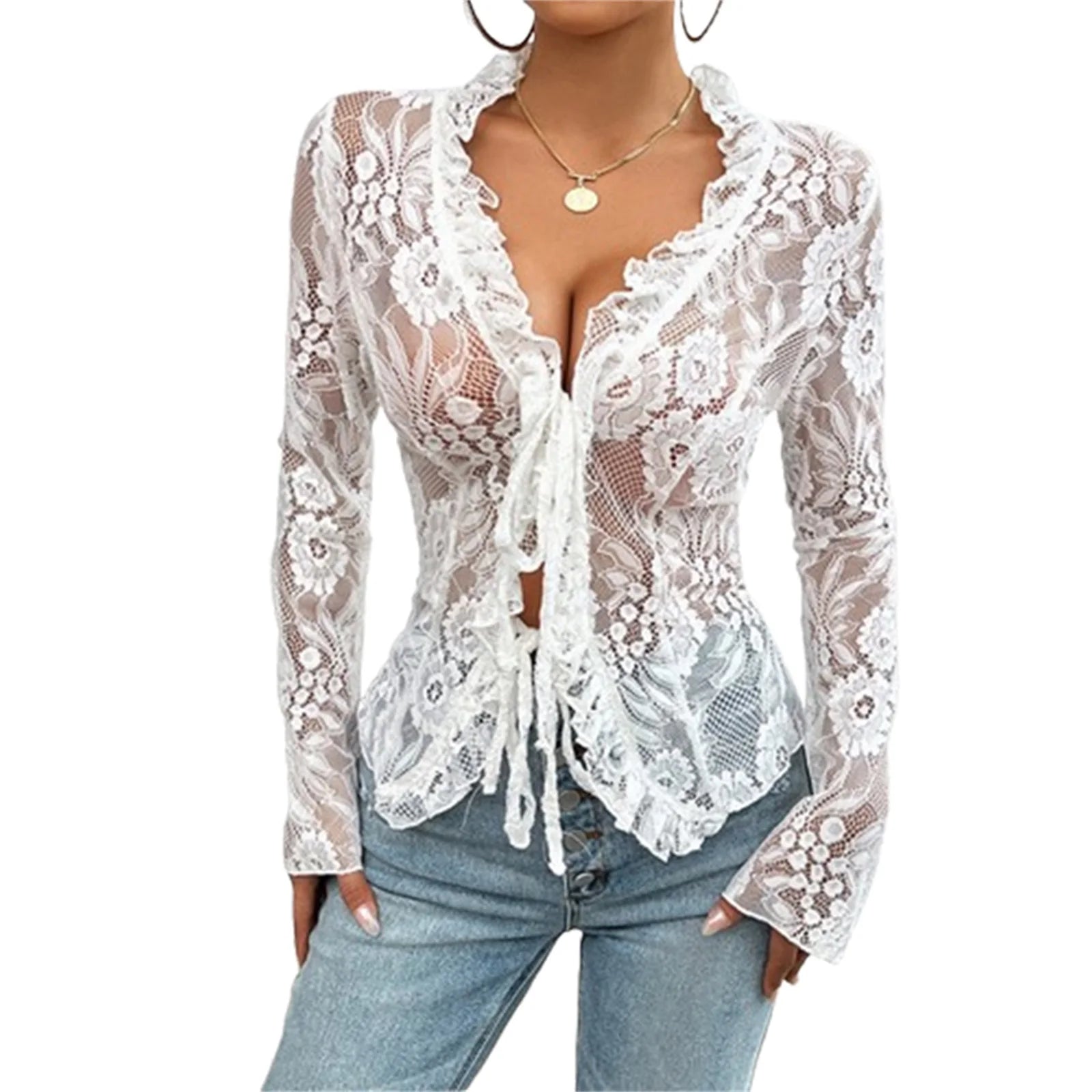 Elegant Floral Lace Long Sleeve Blouse with Front Tie Detail - Stylish Sheer Top for Chic Clubwear and Street Style Fashion