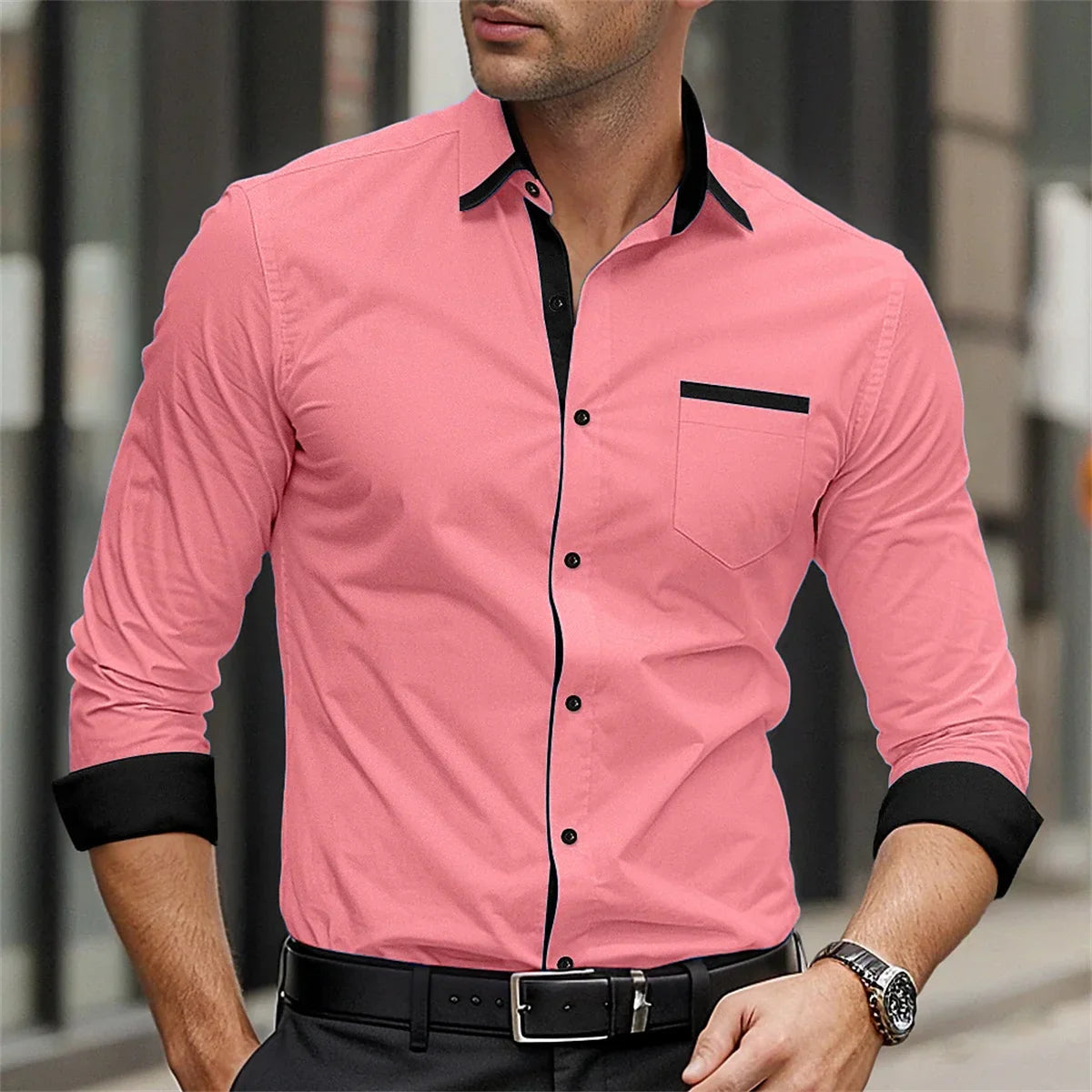 Classic business men's shirt casual breathable solid color long sleeved shirt daily street fashion wearing men's top