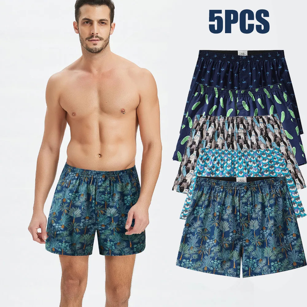 5pcs/Lot Boxer Men Underpants Printed Underwear Man Cotton Loose Woven Men's Family Panties