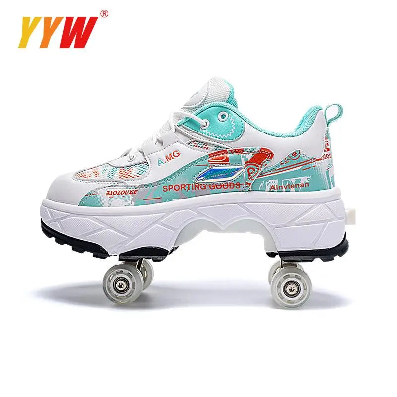 Four-Wheel Dual-Use Skating Shoes Double-Row Roller Student Men's Casual Sneakers Women's Men's Sport Walking Running Shoes