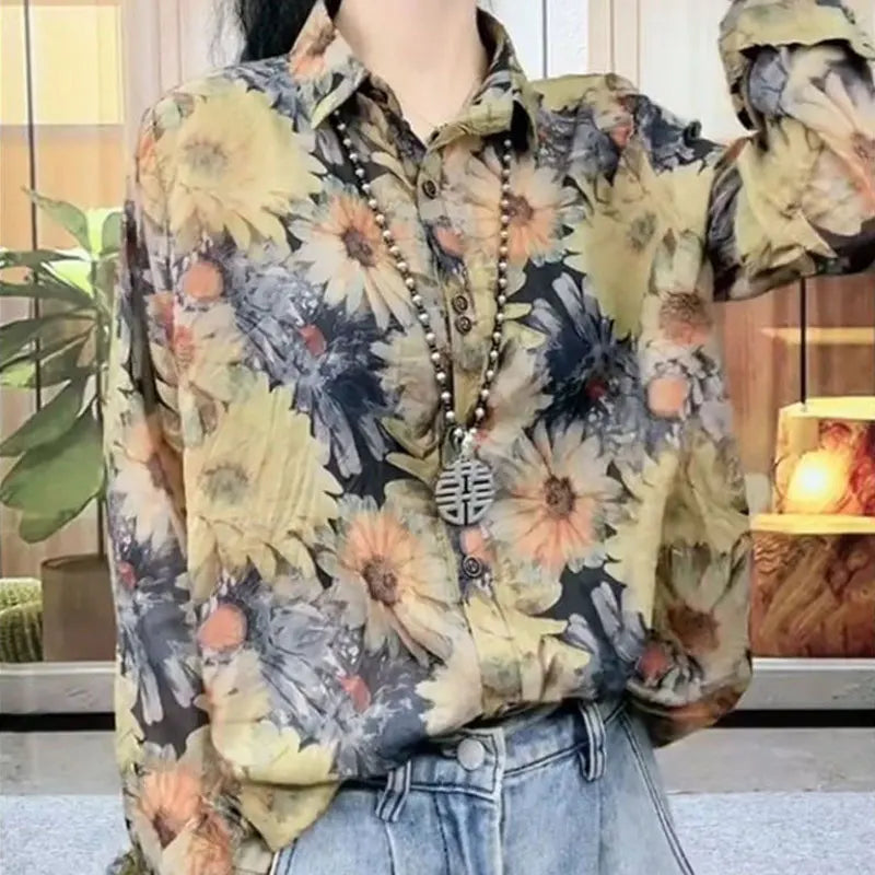 Commute Turn-down Collar Shirt Vintage Floral Printed Women's Clothing