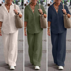 Women's Cotton Linen Suit Fashion Elegant Long Sleeve Shirt Loose Pants