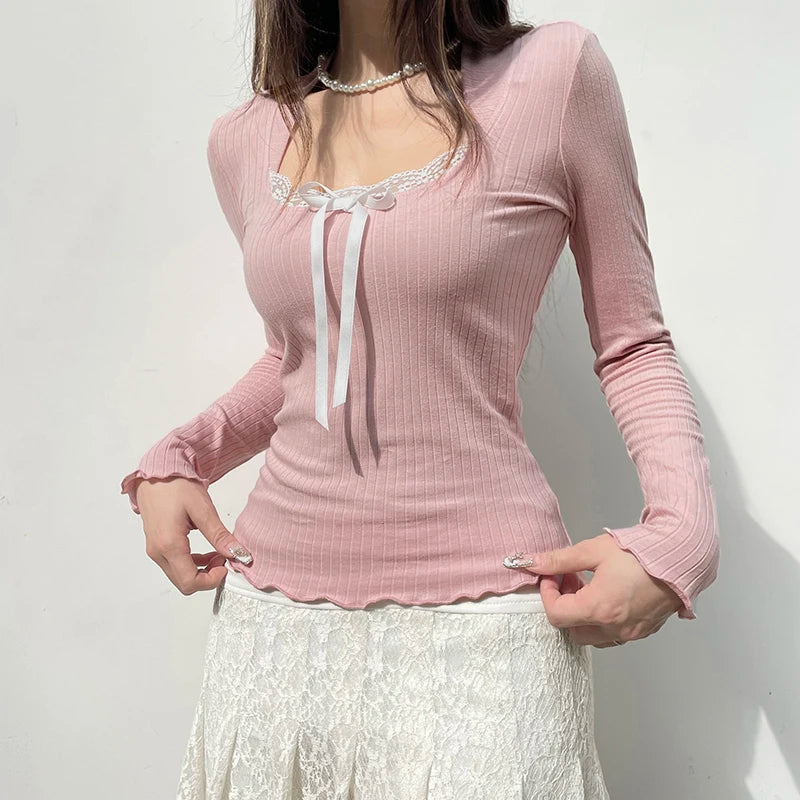 Bow Crop Top Cute Lace Stitched Square Collar T-shirt Women