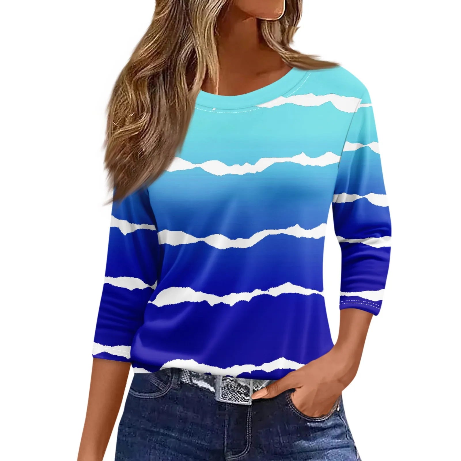 Blouse Woman Trend Women's Fashion Casual Round Neck 3/4 Sleeve Loose  Printed T-Shirt