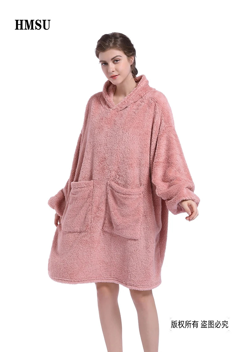 HMSU Oversized Hoodie Blanket With Sleeves Sweatshirt Plaid Winter Fleece Hoody