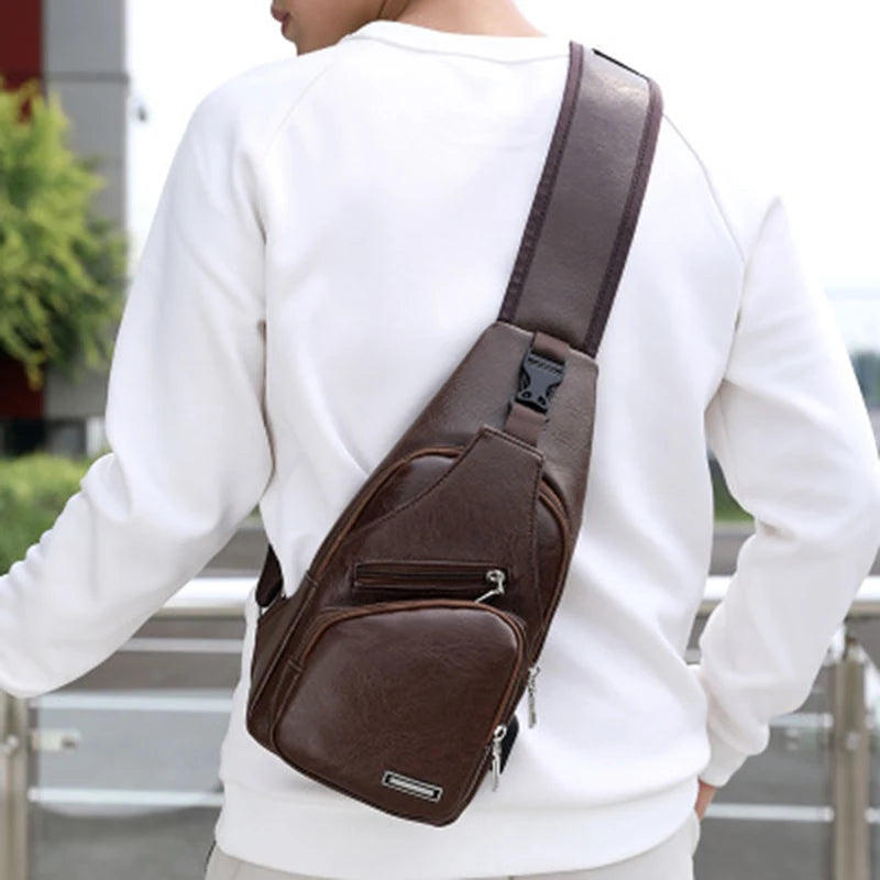 Men's Chest Bags Pack Business Messenger USB Charging Fashion PU Leather Waist Outdoor Casual Sports Brand Single Shoulder Bag