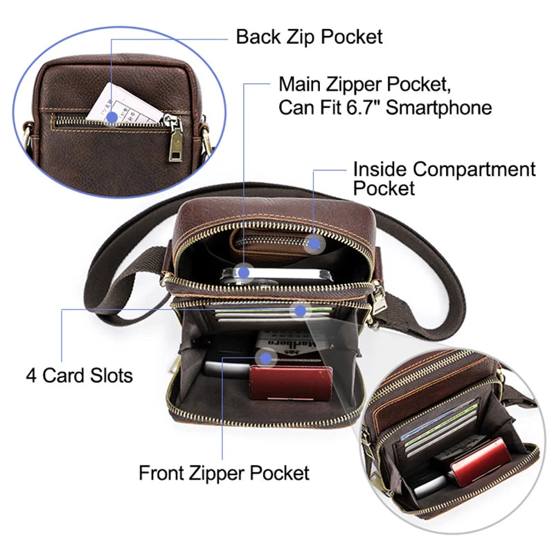 CONTACT'S Genuine Leather Men Mini Crossbody Messenger Bags Phone Pouch Traveling Casual Small Shoulder Bag  Male Handbag