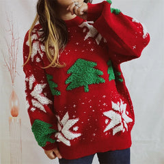 OMCHION Green Christmas Sweater 2023 Fashion Tree Embroidery Knitted Pullover Casual Loose Retro Sweater For Female Knitwear