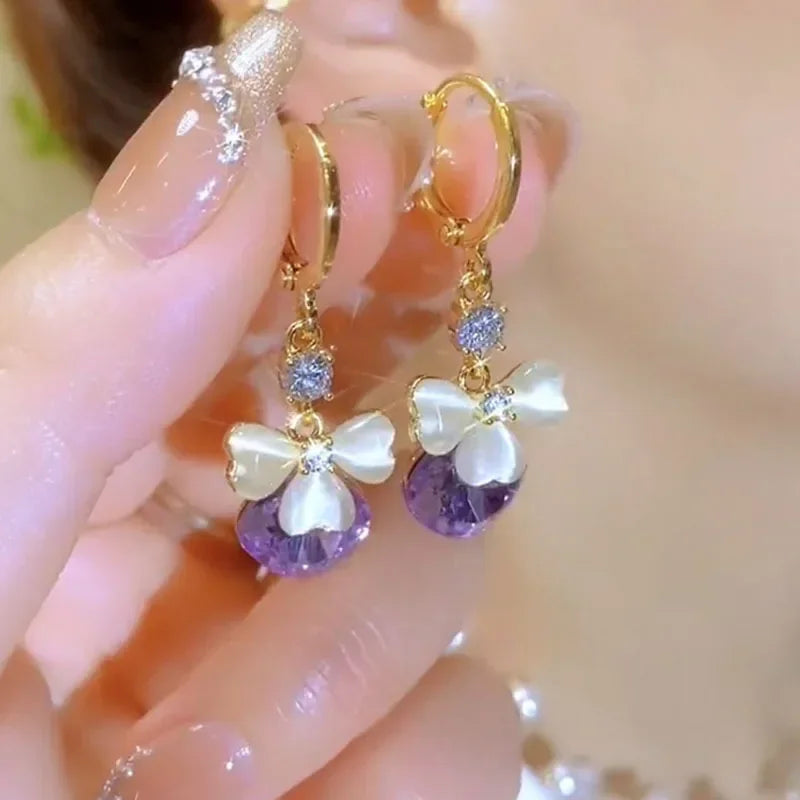 Unique Design Purple Crystal Opal Trefoil Earrings For Women Fashion