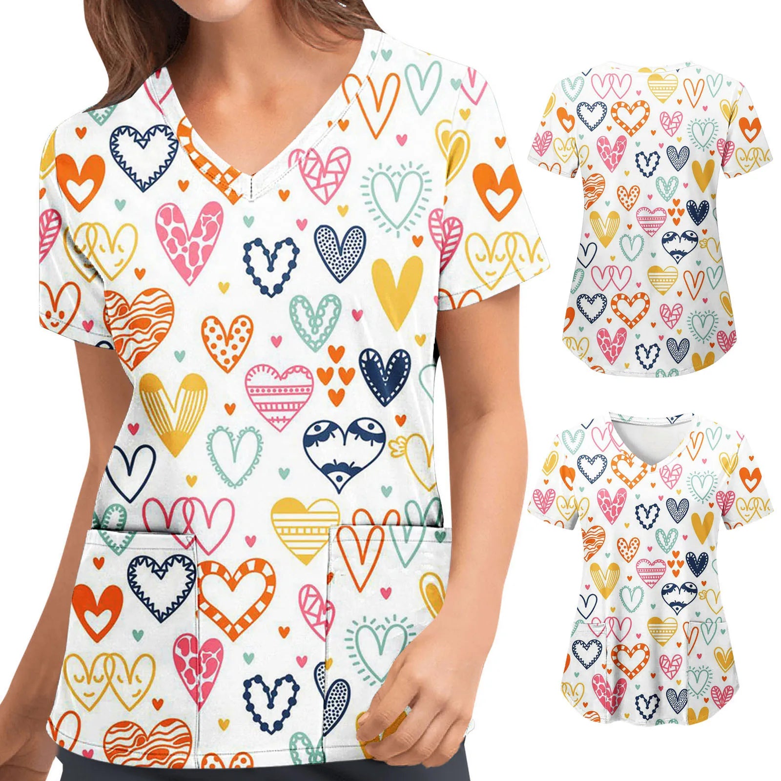 Short-sleeved Top For Nurses V-neck Women Valentine's Day Love Print Uniform Casual Women's Blouse