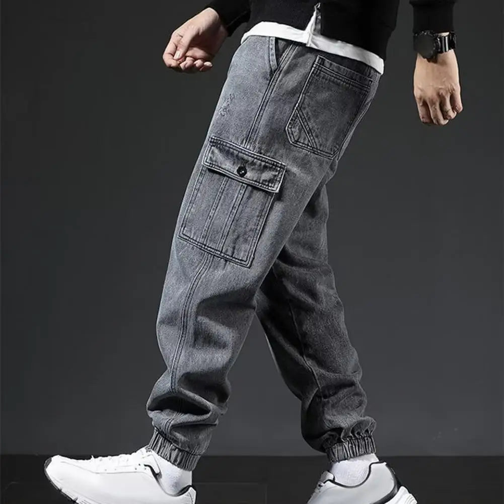 Loose Safari Style Men Cargo Pants Retro Multi Pockets Ankle-banded Elastic Mid Waist Streetwear Plus Size Men Trousers