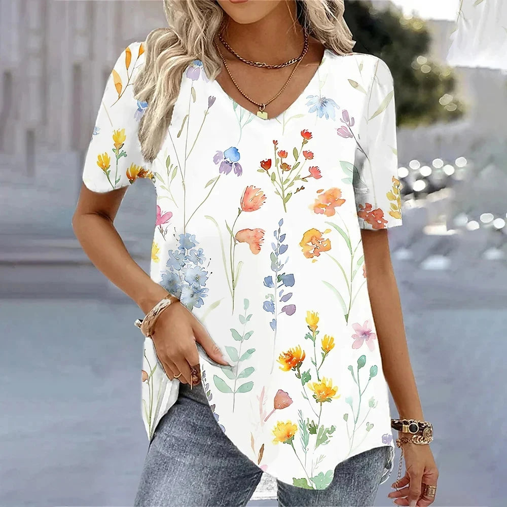 New Women's T-Shirt Summer V-Neck Tee Loose Casual Top Stripes Funny Printed Female Clothing Streetwear Women Pullover T Shirts