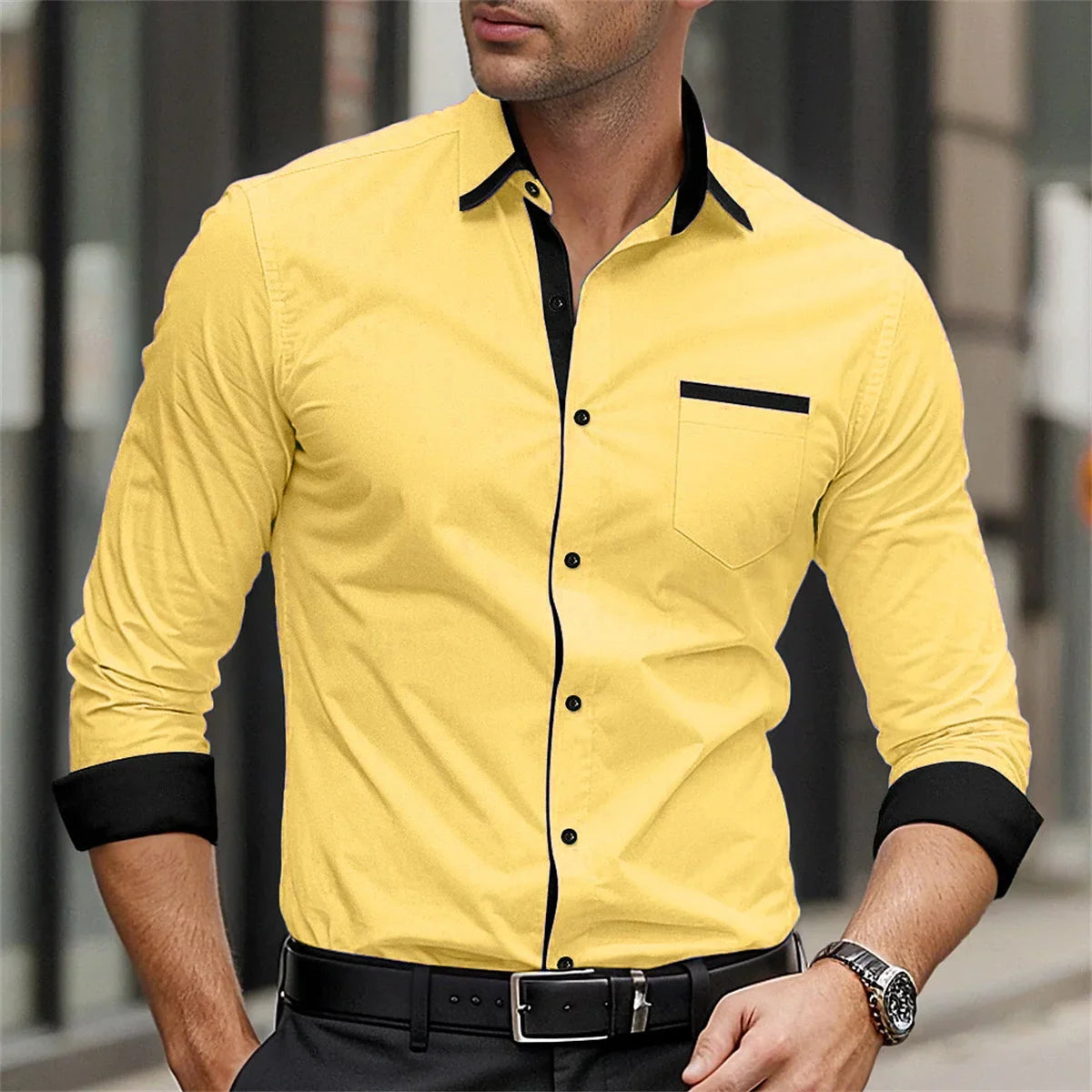 Classic business men's shirt casual breathable solid color long sleeved shirt daily street fashion wearing men's top