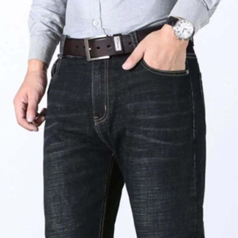 Fashion Men Brand Denim Jeans Business Casual Stretch Straight Work OL Pants Blue Black Trousers