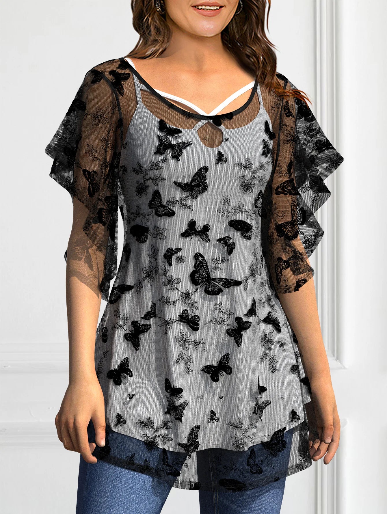 Plus Size Casual Black Lace Butterfly Double Layer Two Pieces T Shirts Ruffle Sleeve Vintage Elegant V-Neck Transparent Tee Top