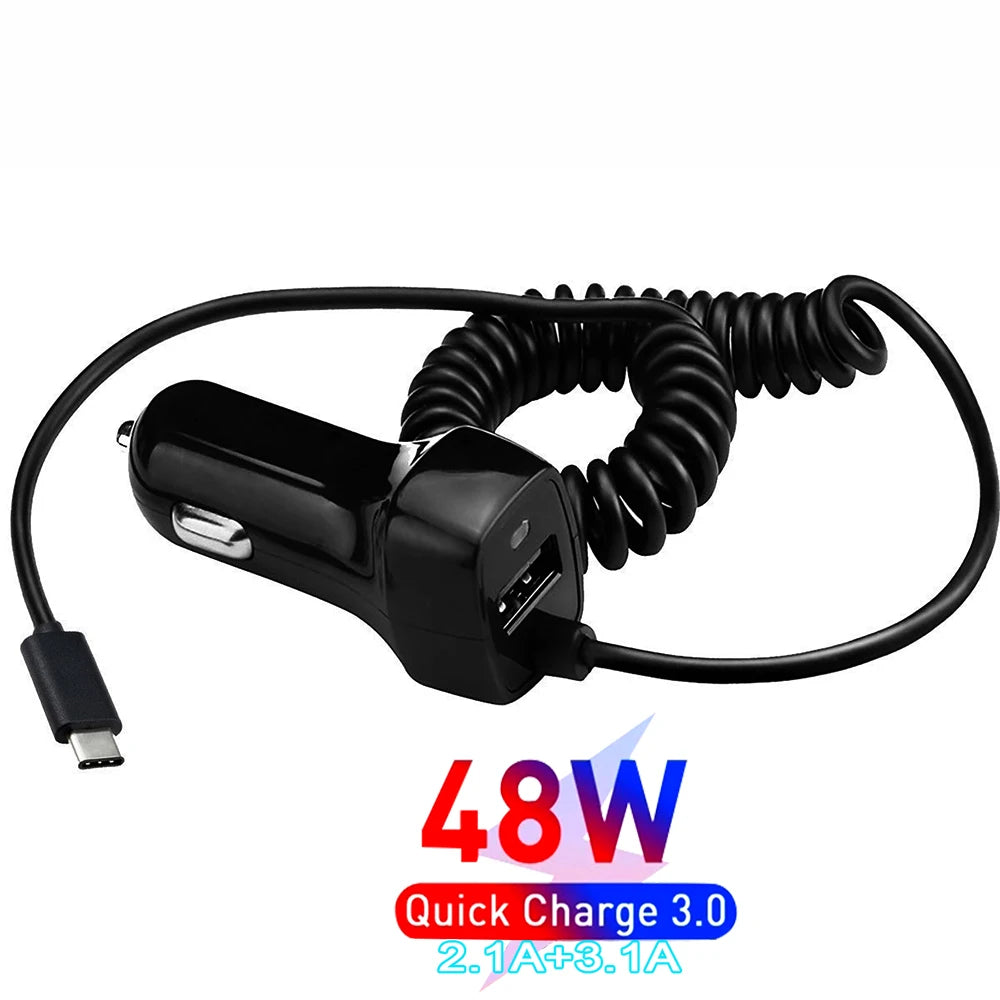 48W USB Fast Car Charger Stretch Cable Adapter for IPhone13 12 11 14 Pro Max Samsung Galaxy Note20 Android Type-c car Charger