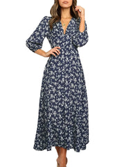 Women Chiffon Long Dress Floral Print Lantern Sleeve A-line Maxi Vestidos Autumn Dresses