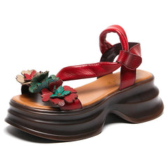 Women Sandals Genuine Leather Women Shoes Buckle Strap Retro Wedges Casual Platform Ladies Sandals