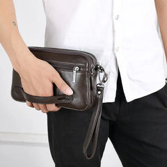 Men's Leather Clutch Purse Wallet Men Cowhide Wristlet Holder Wrist Bag Pack