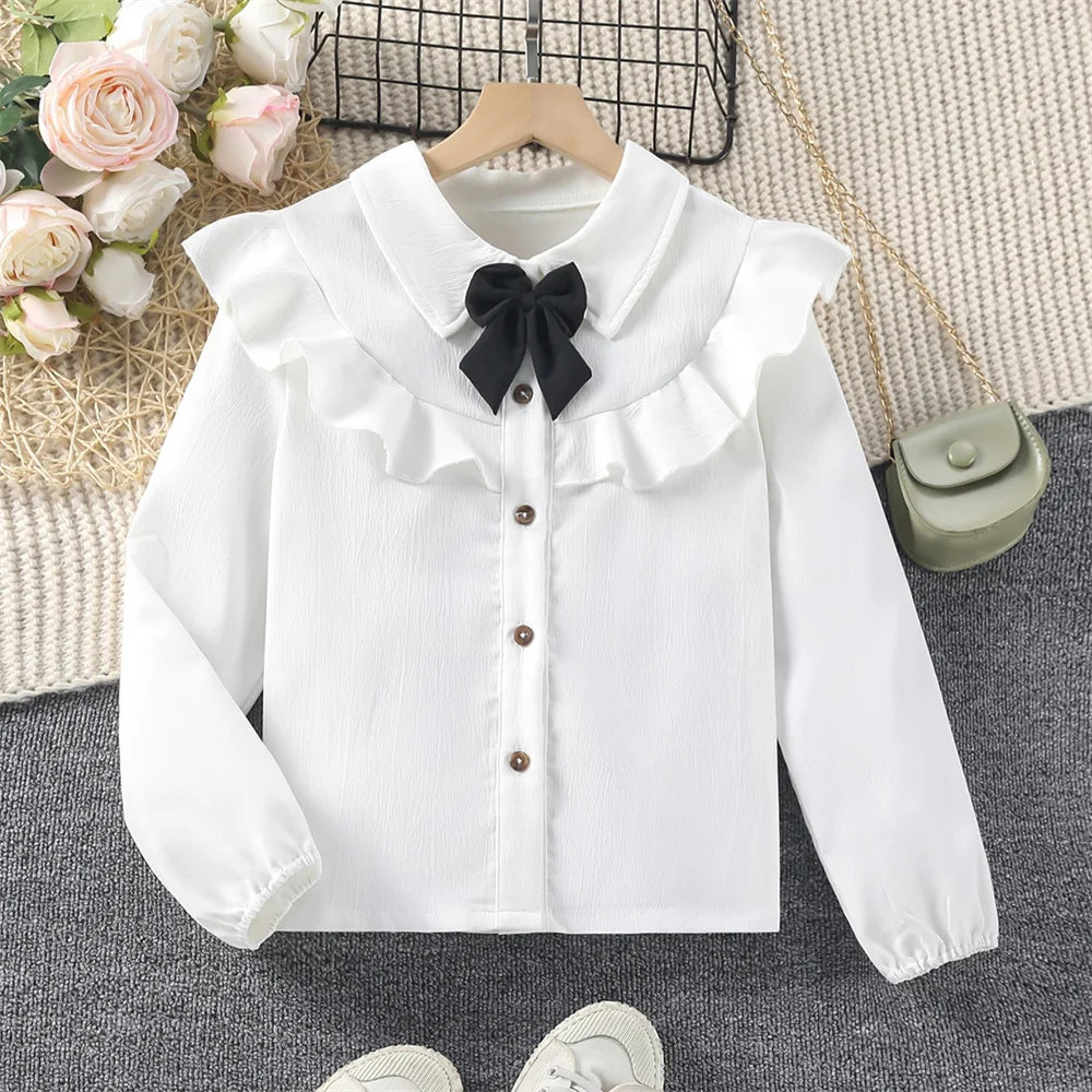 White Blouse for Big Girls Ruffle Sleeve Tops Black Bow Shirts Girls