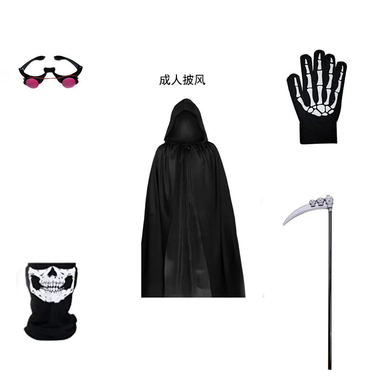 Adult Kids Halloween Demon Ghosts Costume Dress Up Party Man Women Black Scream Death Demon Grim Reaper Cospaly Clothes