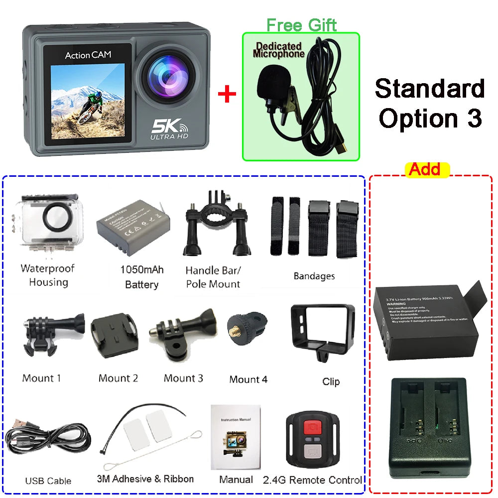 5K 4K60FPS Action Camera Dual IPS Touch LCD EIS 170° DVR 30M Waterproof 5X Zoom Sport Camera