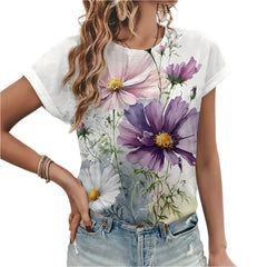 Women's Pure White Artistic Flower Pattern Print T-shirt Fashion Printing T-shirt