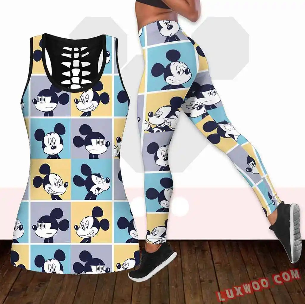 Mickey Women's Hollow Vest Women's Leggings Yoga Suit Fitness Leggings Sports Suit Disney Tank Top Legging Set