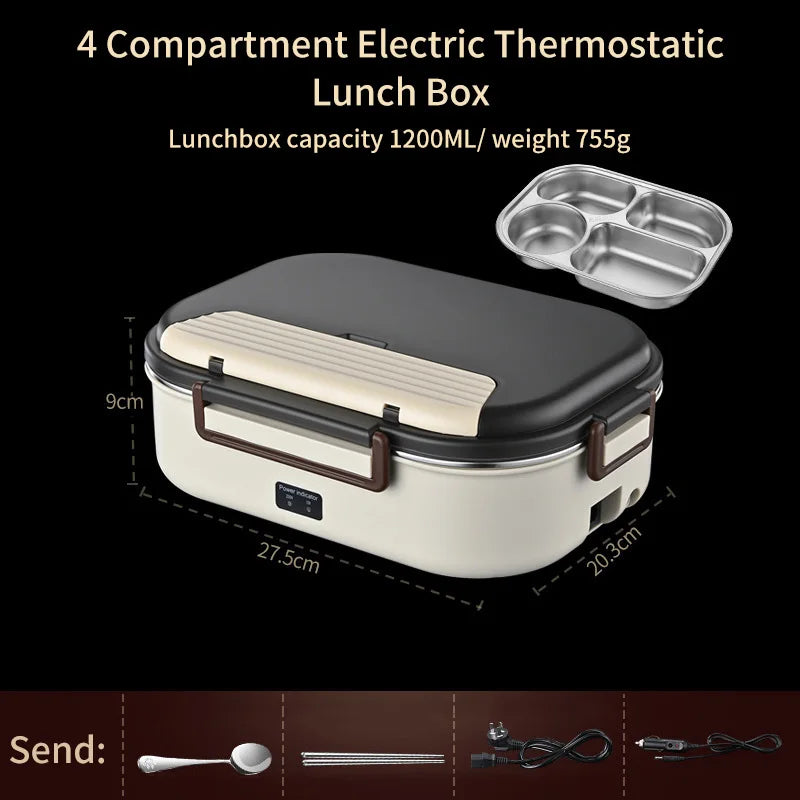 Electric Heated Lunch Boxes Stainless Steel Food Insulation Bento Lunch Box Home Car Keep Warm Lunch Box 1.2L, 12V/220V