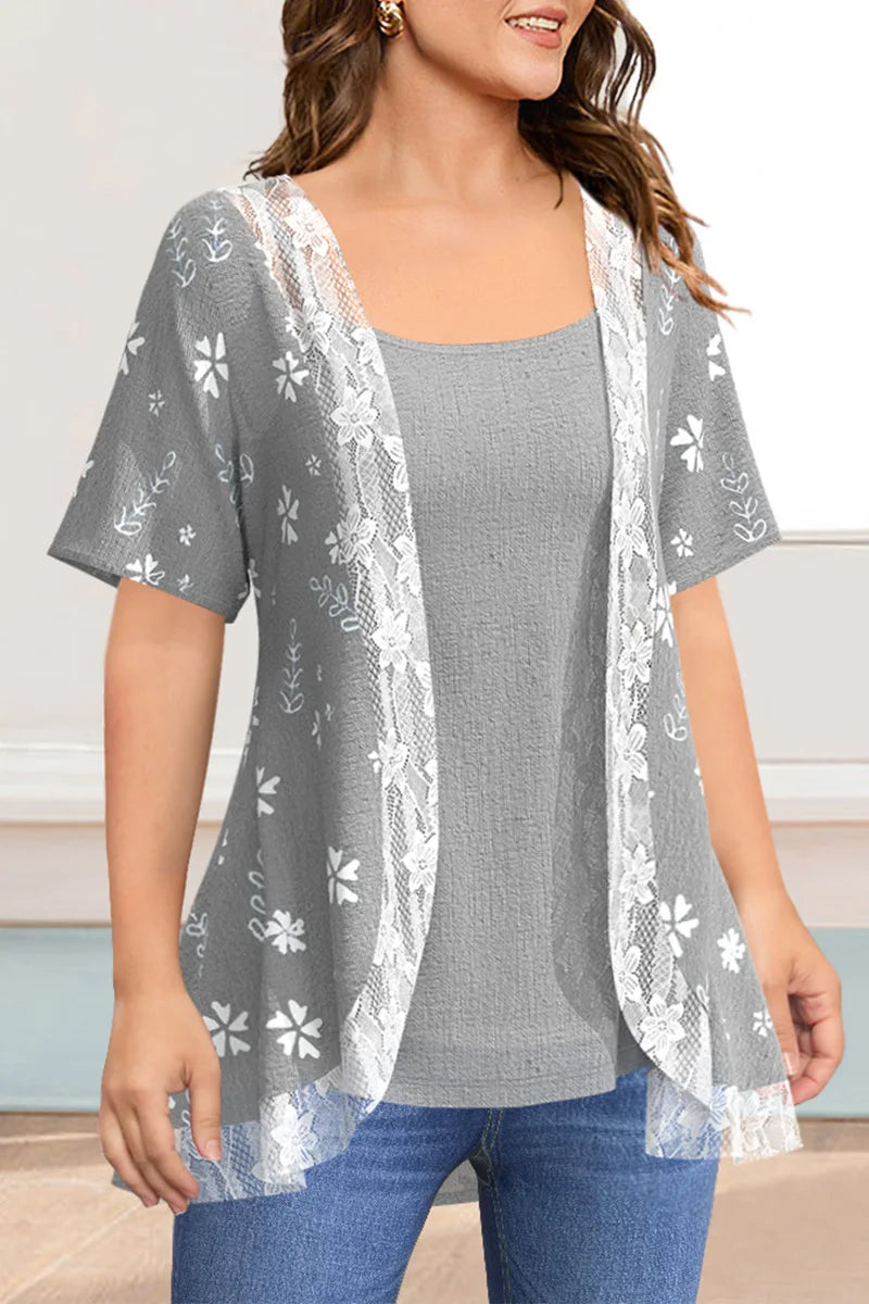 Flycurvy Plus Size Summer Casual Grey Linen Floral Print Lace Stitching Outer Shirt with Vest Two Pieces Blouse