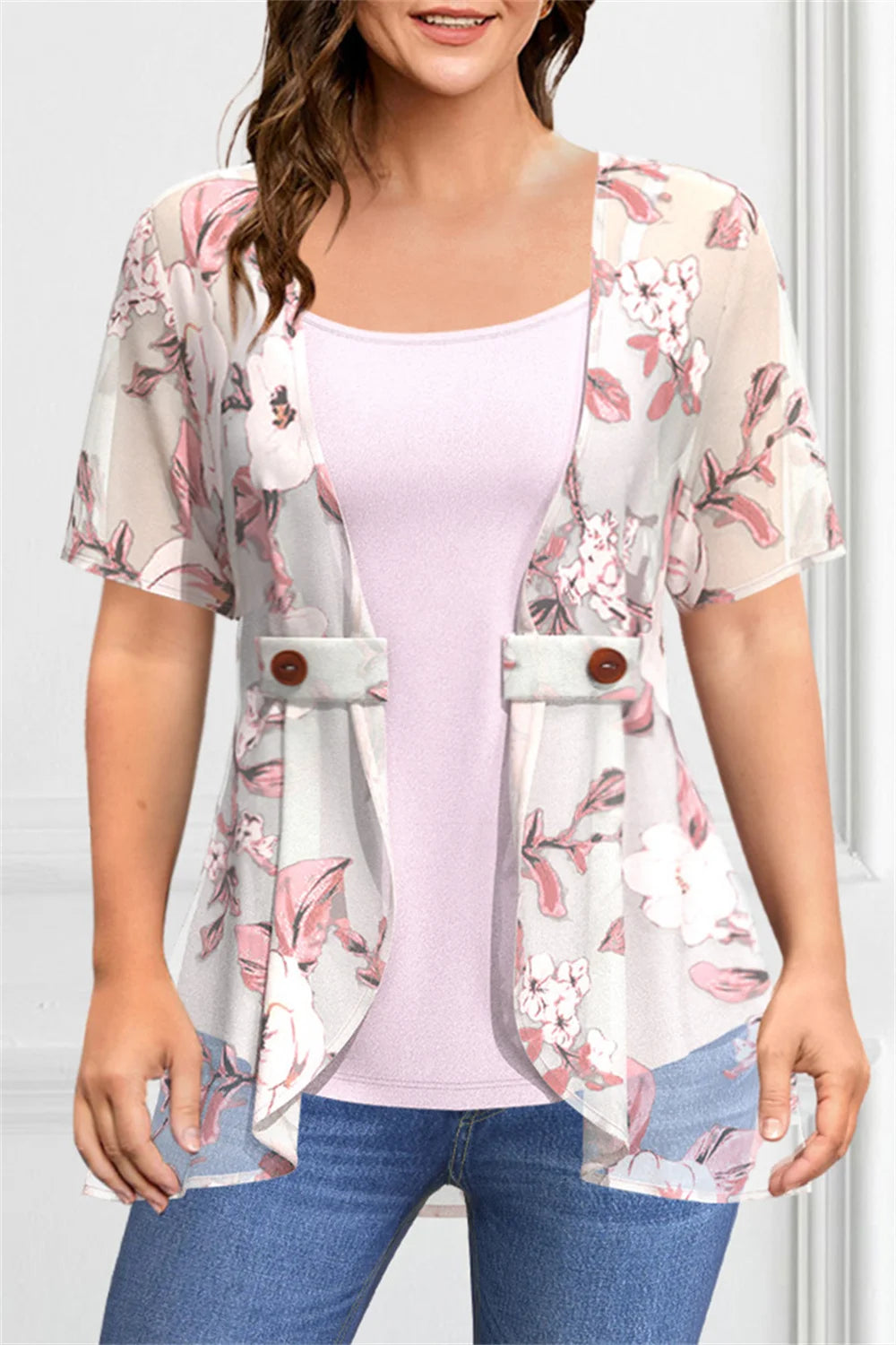 Plus Size Casual Grey Chiffon Floral Print Fake Two Pieces Blouse