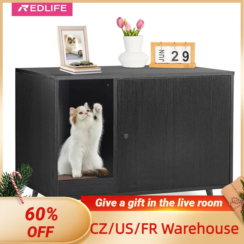 REDLIFE-Cat Litter Box Enclosure, Wood Pet Crate House, Side End Table, Washroom Furniture, Cat Scratcher & Door Fit Most Cat