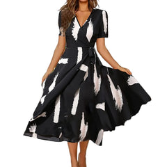 Boho Vintage Print Women Maxi Dress Summer Fashion V-Neck Short Sleeve Sundress Elegant Ladies Midi Dress