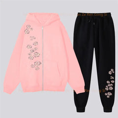 pants Sets Women's Hoodie and pants Two-piece Zipper High Quality Oversize Clothing Aesthetic Rose Graphic PrintFemale Tracksuit