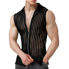 Men Tank Tops Striped Mesh Lapel Sleeveless Zipper Male Vests Transparent Streetwear INCERUN