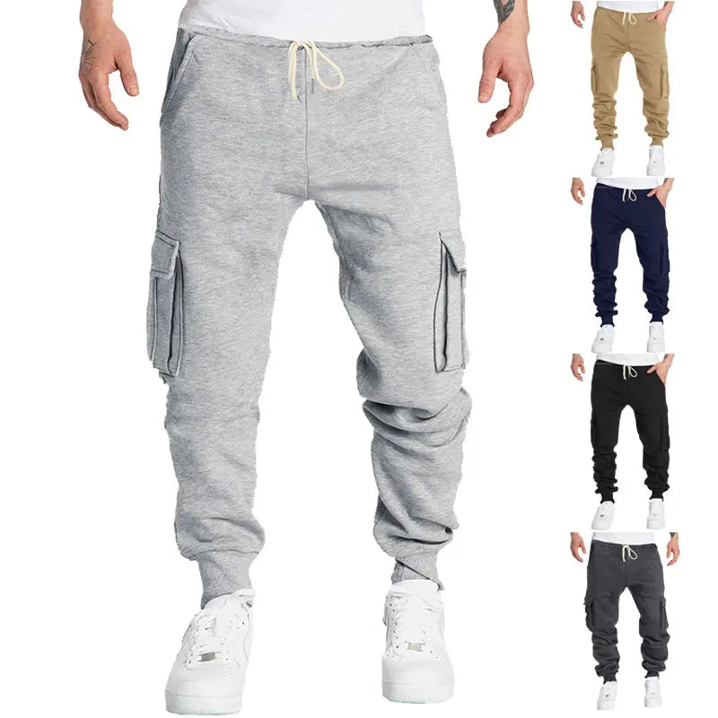 Autumn And Winter Fleece Men's Overalls Multi-pocket Plus Size Fleece-lined Casual Exercise Ankle-tied Cropped Pants