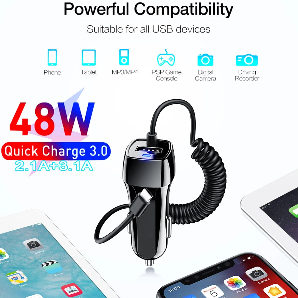 48W USB Fast Car Charger Stretch Cable Adapter for IPhone13 12 11 14 Pro Max Samsung Galaxy Note20 Android Type-c car Charger