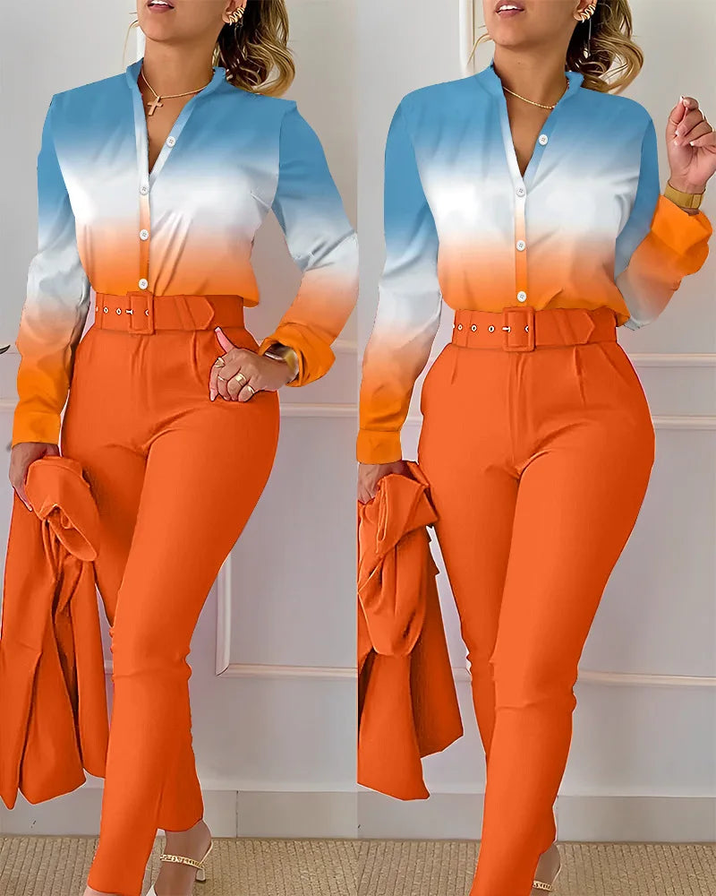 Elegant print shirt and pants two piece sets women