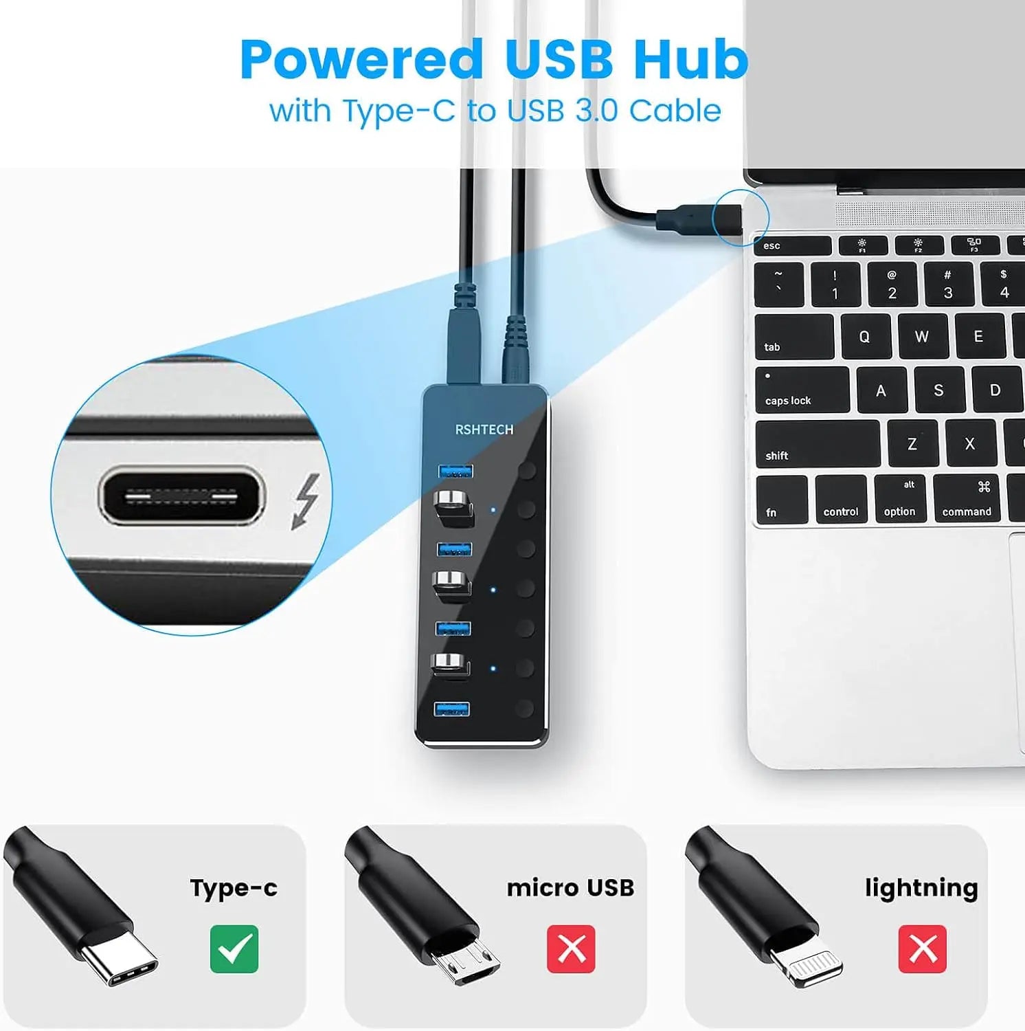 5Gbps USB Splitter On/Off Switch With 5V 2A Power Adapter For Laptop Macbook Computer Accessories