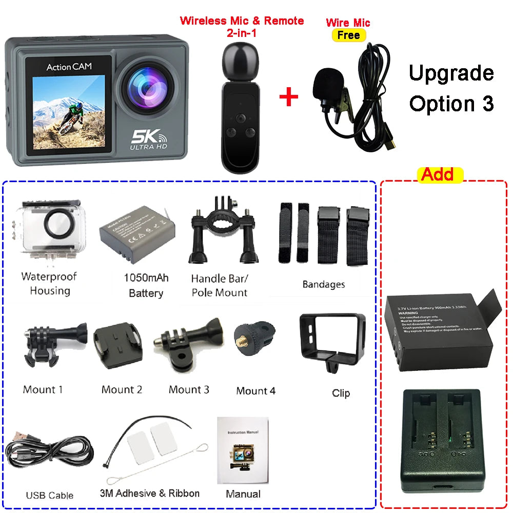 5K 4K60FPS Action Camera Dual IPS Touch LCD EIS 170° DVR 30M Waterproof 5X Zoom Sport Camera