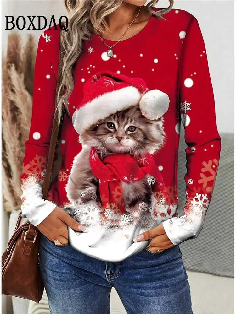 Christmas Snowflake Print T Shirt Casual Cute Cat Graphic O-Neck Long Sleeves Top