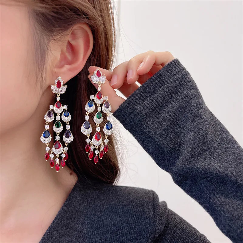 Colored Cubic Zirconia Inlaid Long Water Drop Tassel Earrings