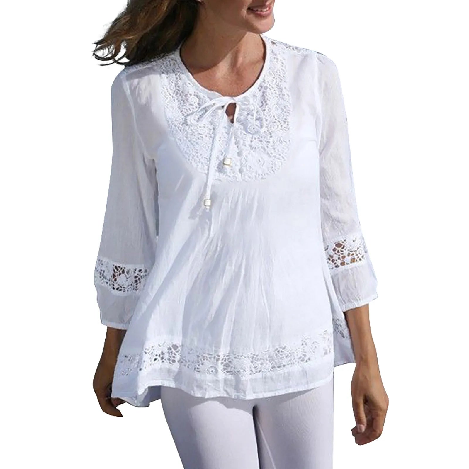 Spring And Summer Plus Size Fashion Vintage 3/4 Sleeve O-neck Pleated Lace Blouse