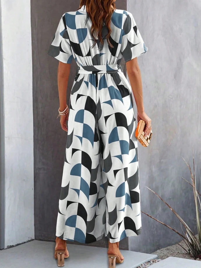 Elegant New Fashion Summer Casual Long Jumpsuits V-Leader Contrasting Printed High Waisted Wide Leg Jumpsuit