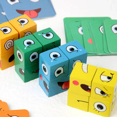 Cube Face Changing Building Blocks Board Game Wood Puzzle Montessori Expression Wooden Blocks