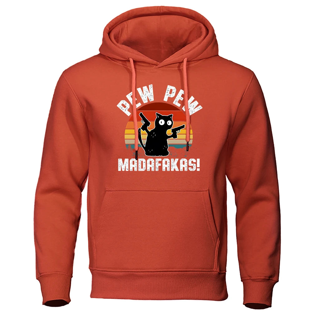 Pew Pew Madafakas Baby Black Cat With Two Guns Hooded For Menfashion High Quality Hoodies Autumn Casual Hoody Loose Tracksuit