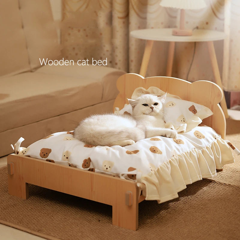 Cat Bed Wooden Cat And Dog Bed With Teddy Bear Pattern Indoor Pet Furniture Floor To Ceiling Bed