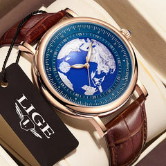 Mens Watches Fashion Blue Planet Creative Earth Quartz Wristwatch Leather Waterproof Watch