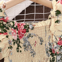 Square Collar Suspender Sleeveless Lace Play Smocking A-line Print Dress Pleated Comfortable