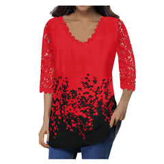 Women's Lace 3/4 Sleeve V Neck T Shirt Ladies Floral Blouse Tunic Tops Plus Size